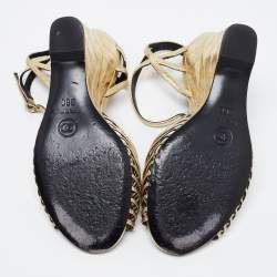 Chanel Gold Leather Camelia Wedge Sandals Size 36