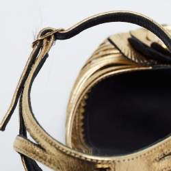 Chanel Gold Leather Camelia Wedge Sandals Size 36