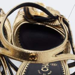 Chanel Gold Leather Camelia Wedge Sandals Size 36
