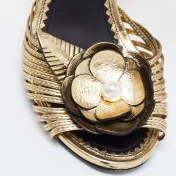 Chanel Gold Leather Camelia Wedge Sandals Size 36