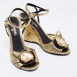 Chanel Gold Leather Camelia Wedge Sandals Size 36
