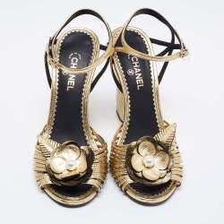 Chanel Gold Leather Camelia Wedge Sandals Size 36
