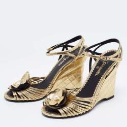 Chanel Gold Leather Camelia Wedge Sandals Size 36
