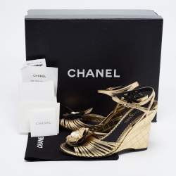 Chanel Gold Leather Camelia Wedge Sandals Size 36