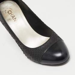 Pre Owned Chanel Black Python and Leather Cap Toe Camellia Block Heel Pumps Size 37