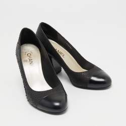 Pre Owned Chanel Black Python and Leather Cap Toe Camellia Block Heel Pumps Size 37