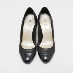 Pre Owned Chanel Black Python and Leather Cap Toe Camellia Block Heel Pumps Size 37