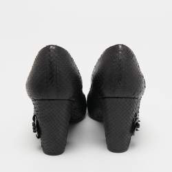 Pre Owned Chanel Black Python and Leather Cap Toe Camellia Block Heel Pumps Size 37