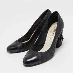 Pre Owned Chanel Black Python and Leather Cap Toe Camellia Block Heel Pumps Size 37