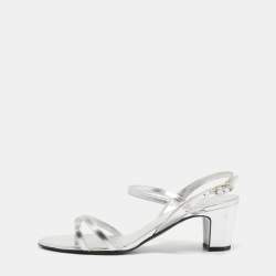 Chanel Silver Leather Ankle Strap Sandals Size 38.5