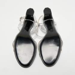 Chanel Silver Leather Ankle Strap Sandals Size 38.5
