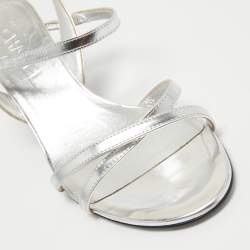 Chanel Silver Leather Ankle Strap Sandals Size 38.5