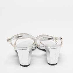 Chanel Silver Leather Ankle Strap Sandals Size 38.5