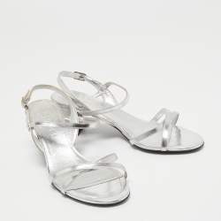 Chanel Silver Leather Ankle Strap Sandals Size 38.5