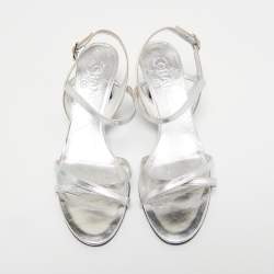 Chanel Silver Leather Ankle Strap Sandals Size 38.5