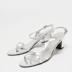 Chanel Silver Leather Ankle Strap Sandals Size 38.5