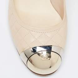 Pre Owned Chanel  Cream  Leather Quilted Block Heel Pumps Size 37