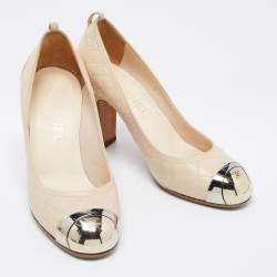 Pre Owned Chanel  Cream  Leather Quilted Block Heel Pumps Size 37