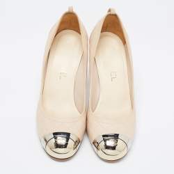 Pre Owned Chanel  Cream  Leather Quilted Block Heel Pumps Size 37