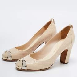 Pre Owned Chanel  Cream  Leather Quilted Block Heel Pumps Size 37
