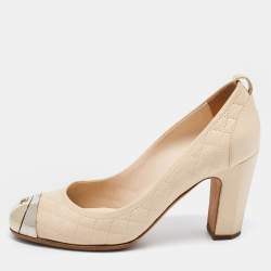 Pre Owned Chanel  Cream  Leather Quilted Block Heel Pumps Size 37