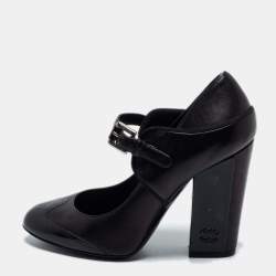 Pre Owned Chanel Black Leather and Patent Cap Toe CC Mary Jane Pumps Size 37.5
