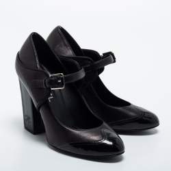 Pre Owned Chanel Black Leather and Patent Cap Toe CC Mary Jane Pumps Size 37.5