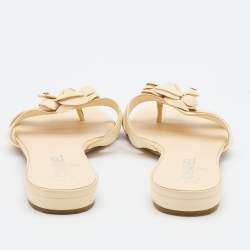 Pre Owned Chanel Cream Leather CC Camellia Embellished Flat Slides Size 38