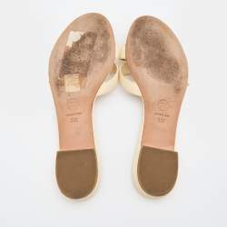 Pre Owned Chanel Cream Leather CC Camellia Embellished Flat Slides Size 38