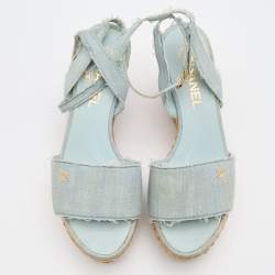Chanel Light Blue Denim Raffia Platform Wedge Ankle Strap Sandals Size 36.5