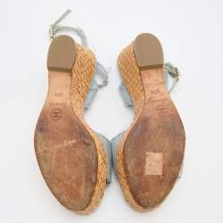 Pre Owned Chanel Light Blue Denim Raffia Platform Wedge Ankle Strap Sandals Size 36.5