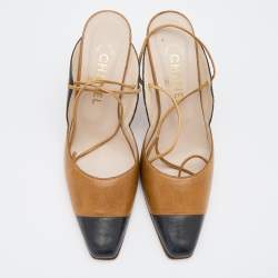 Pre Owned Chanel Brown/Black Leather Ankle Wrap Mules Size 38