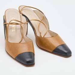 Pre Owned Chanel Brown/Black Leather Ankle Wrap Mules Size 38