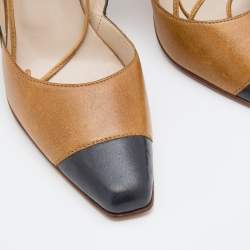 Pre Owned Chanel Brown/Black Leather Ankle Wrap Mules Size 38