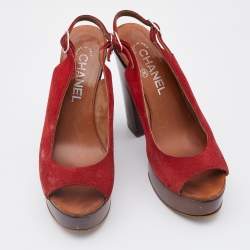 Pre Owned Chanel Red Suede Wooden Block Heel Slingback Platform Pumps Size 38