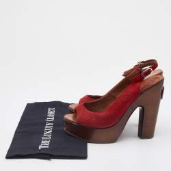 Pre Owned Chanel Red Suede Wooden Block Heel Slingback Platform Pumps Size 38