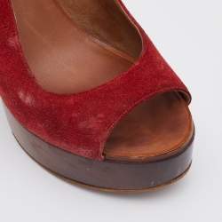 Pre Owned Chanel Red Suede Wooden Block Heel Slingback Platform Pumps Size 38
