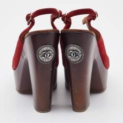 Pre Owned Chanel Red Suede Wooden Block Heel Slingback Platform Pumps Size 38