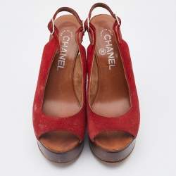 Pre Owned Chanel Red Suede Wooden Block Heel Slingback Platform Pumps Size 38