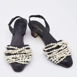 Pre Owned Chanel Black Leather Pearl Embellished Slingback Pumps Size 36.5