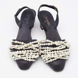 Pre Owned Chanel Black Leather Pearl Embellished Slingback Pumps Size 36.5