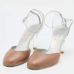 Pre Owned Chanel Beige/Transparent Leather and PVC Ankle Strap Pumps Size 38