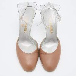 Pre Owned Chanel Beige/Transparent Leather and PVC Ankle Strap Pumps Size 38