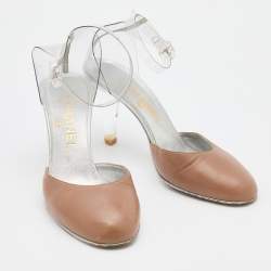 Pre Owned Chanel Beige/Transparent Leather and PVC Ankle Strap Pumps Size 38