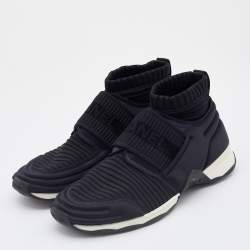 Pre Owned Chanel Black/Navy Blue Stretch Fabric Slip On Sneakers Size 37