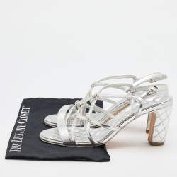 Pre Owned Chanel Silver Leather Criss Cross CC Ankle Strap Sandals Size 38.5