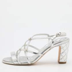 Pre Owned Chanel Silver Leather Criss Cross CC Ankle Strap Sandals Size 38.5