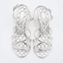 Pre Owned Chanel Silver Leather Criss Cross CC Ankle Strap Sandals Size 38.5