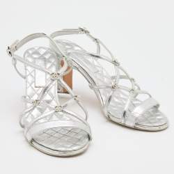 Pre Owned Chanel Silver Leather Criss Cross CC Ankle Strap Sandals Size 38.5