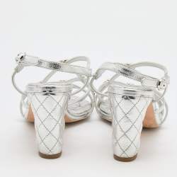 Pre Owned Chanel Silver Leather Criss Cross CC Ankle Strap Sandals Size 38.5